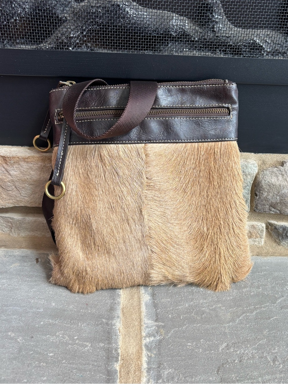 Brown Leather and Haircalf Crossbody Bag